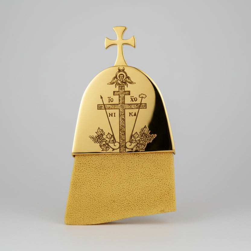 Orthodox Sponge for Holy Communion Cleaning with Gold Plated Holding Base ICXC 8x6cm