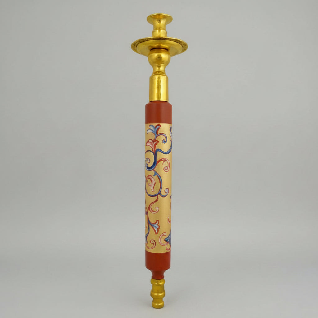 Processional Candlestick Orthodox Painted with Wooden Poll 45cm Brass