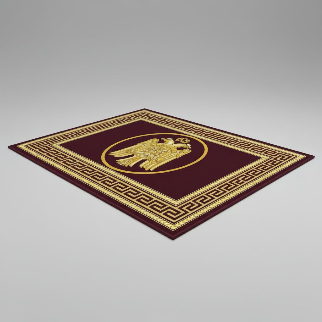 Rectangular Ecclesiastical Carpet with Double-headed Eagle and Meander in Red Color